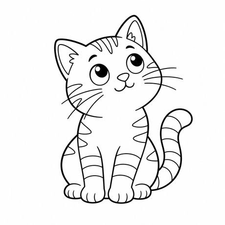 Coloring cat page: curious tabby cat, black and white line art
