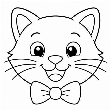 Coloring cat page: cat with a bow tie, black and white line art