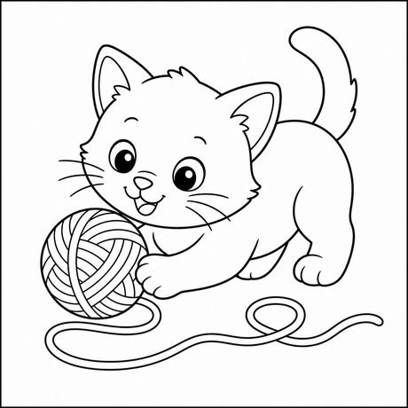 Coloring cat page: kitten and yarn, black and white line art