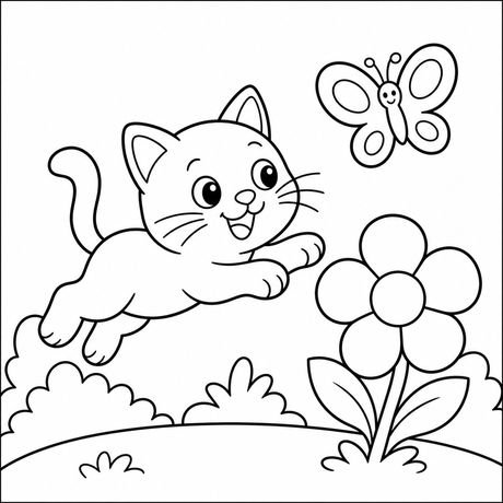 Coloring cat page: cat chasing a butterfly, black and white line art