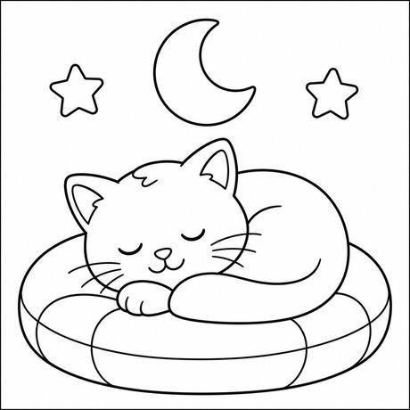 Coloring cat page: sleepy kitten, black and white line art