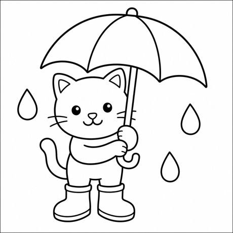 Coloring cat page: cat in the rain, black and white line art