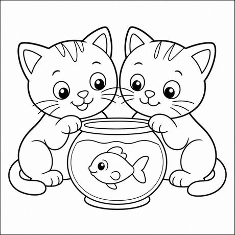 Coloring cat page: two kittens and a fish, black and white line art