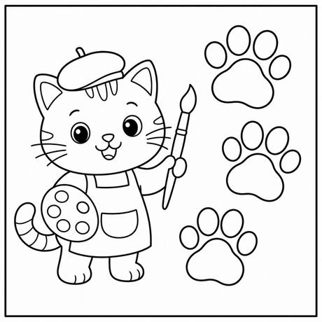 Coloring cat page: cat painter, black and white line art