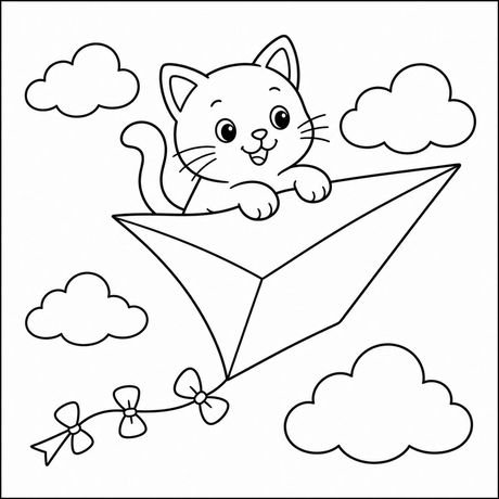 Coloring cat page: cat on a kite, black and white line art