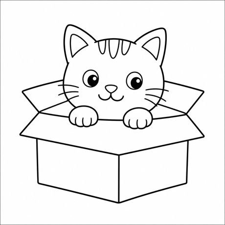 Coloring cat page: cat in a box, black and white line art