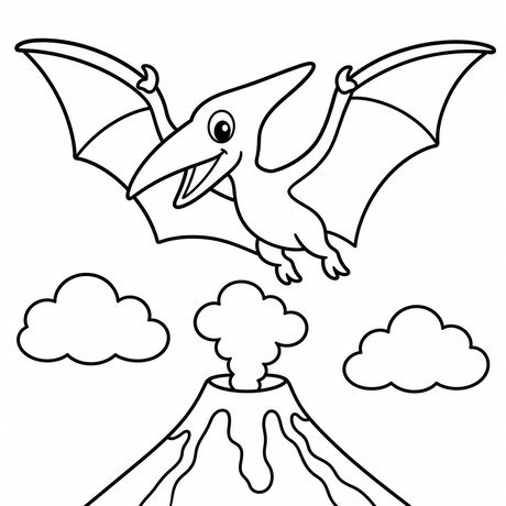 Dinosaur coloring page: pterodactyl over the volcano, black and white line art