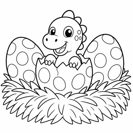 Dinosaur coloring page: baby dinosaur hatching, black and white line art