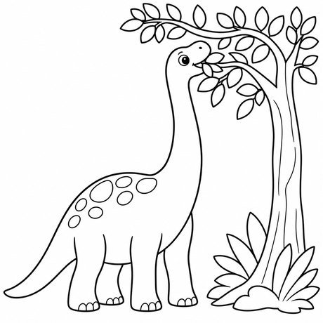 Dinosaur coloring page: brachiosaurus reaching for leaves, black and white line art