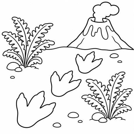 Dinosaur coloring page: dinosaur footprints trail, black and white line art