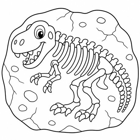 Dinosaur coloring page: dinosaur skeleton fossil, black and white line art