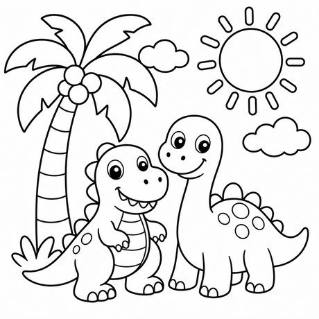 Dinosaur coloring page: two dinosaurs by a palm tree, black and white line art