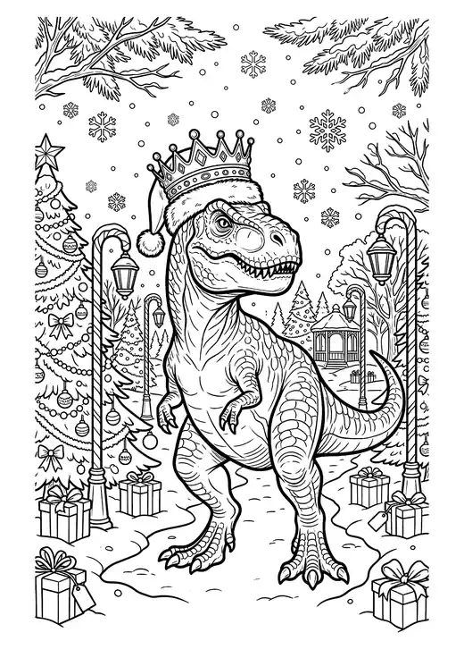 Christmas dinosaur king wearing a crown and Santa hat in a snowy park with decorated trees and gifts – christmas dinosaur coloring pages