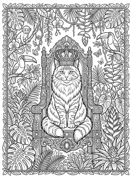 King in Jungle Throne - free coloring cat page printable black and white line art
