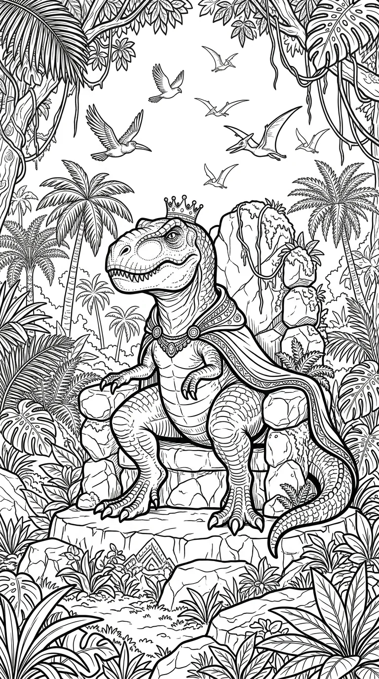 Coloring Dinosaur King T-Rex in Jungle - free coloring dinosaur page printable black and white line art