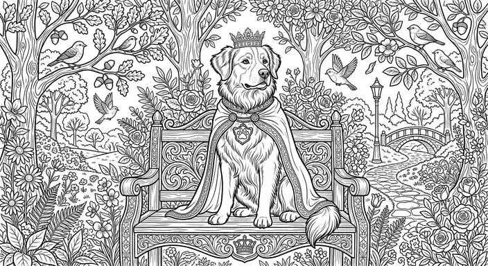 Coloring Dog King in Park - free coloring dog page printable black and white line art