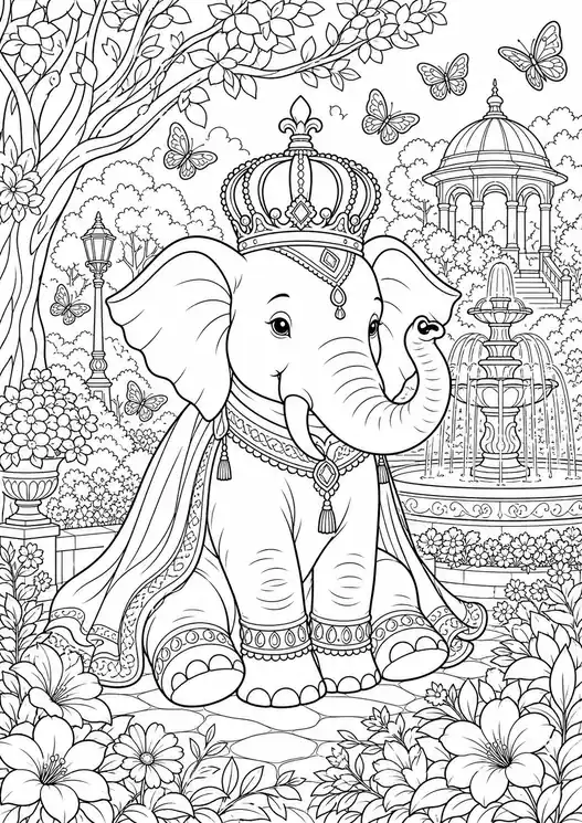 Coloring elephant king in the park printable page