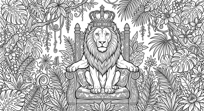 King in Jungle Throne - free coloring lion page
