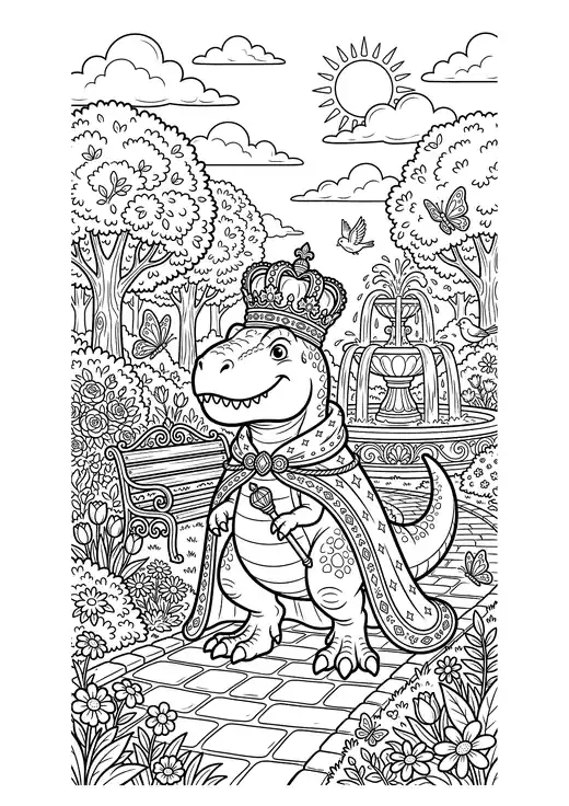 Cute cartoon T-Rex king wearing a crown and cape in a sunny park with a fountain, flowers and butterflies – coloring pages of cute dinosaurs