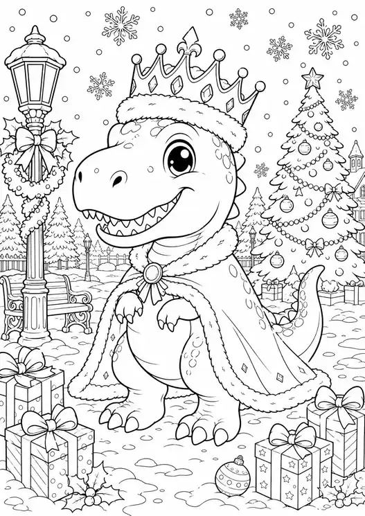 Cute christmas dinosaur coloring pages: dino king in snowy park