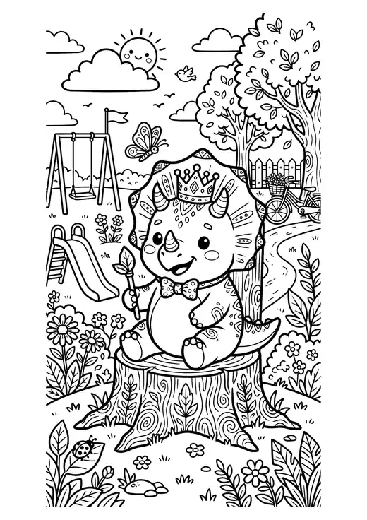 Cute kawaii triceratops wearing a crown and bow tie on a tree-stump throne in a park with a slide and swings – cute dinosaur coloring sheets