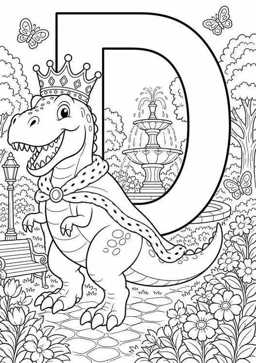 D for dinosaur coloring page: dino king in the park with letter D