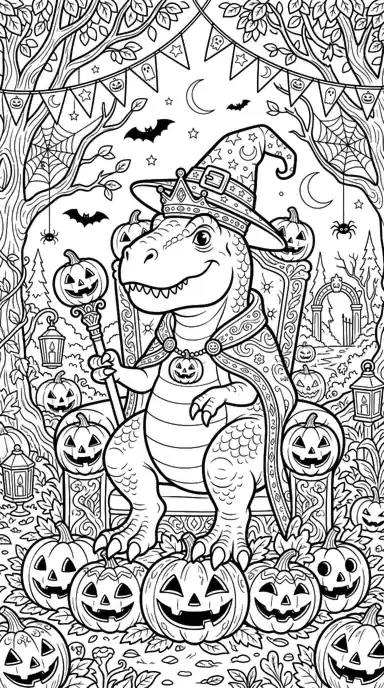 dinosaur halloween coloring page page 01 - Pumpkin Throne in the Park