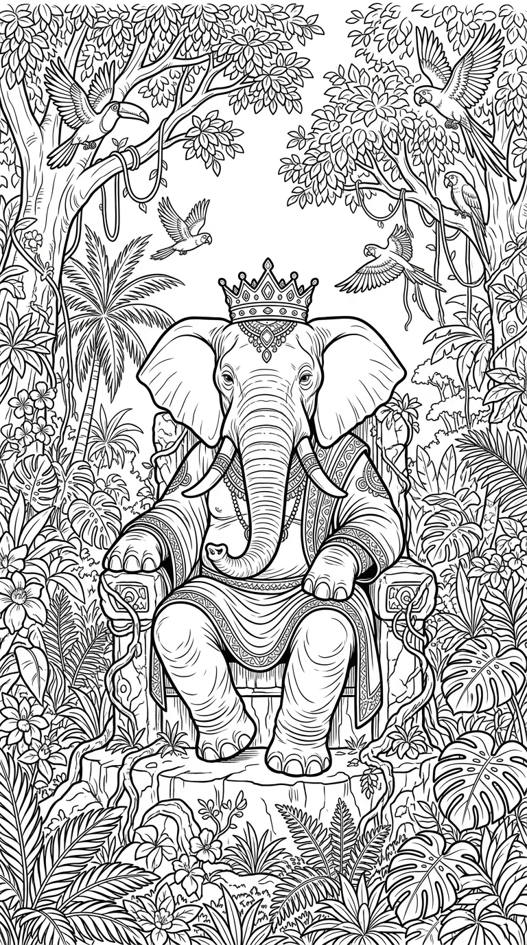 Elephant King in Jungle Throne - free elephant coloring page printable black and white line art