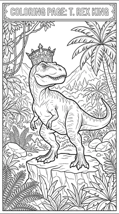 free printable dinosaur coloring pages pdf page 01 - Crowned T. rex on the Rocks