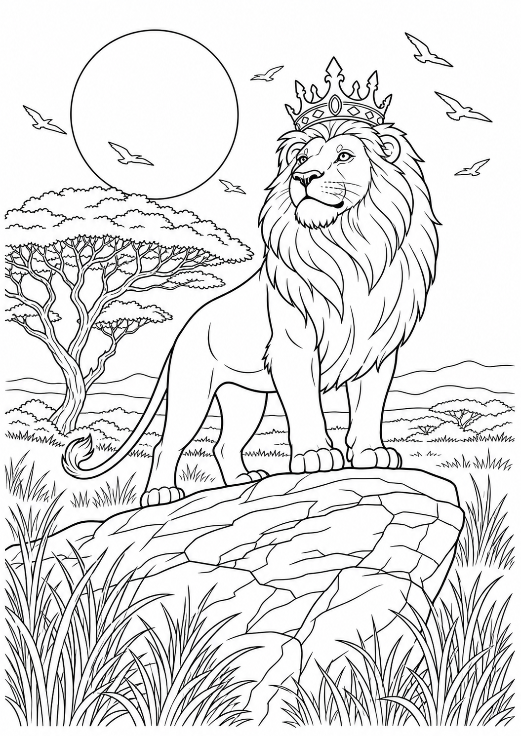 Lion King in the Acacia Savanna — free lion coloring page, printable black and white line art