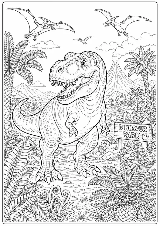 Printable Dinosaur in the Jungle Park printable coloring page