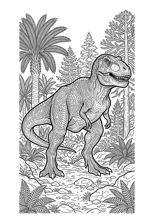 Realistic Tyrannosaurus rex with detailed scaly skin standing in a Cretaceous forest of cycads, conifers and ferns – realistic dinosaur coloring pages
