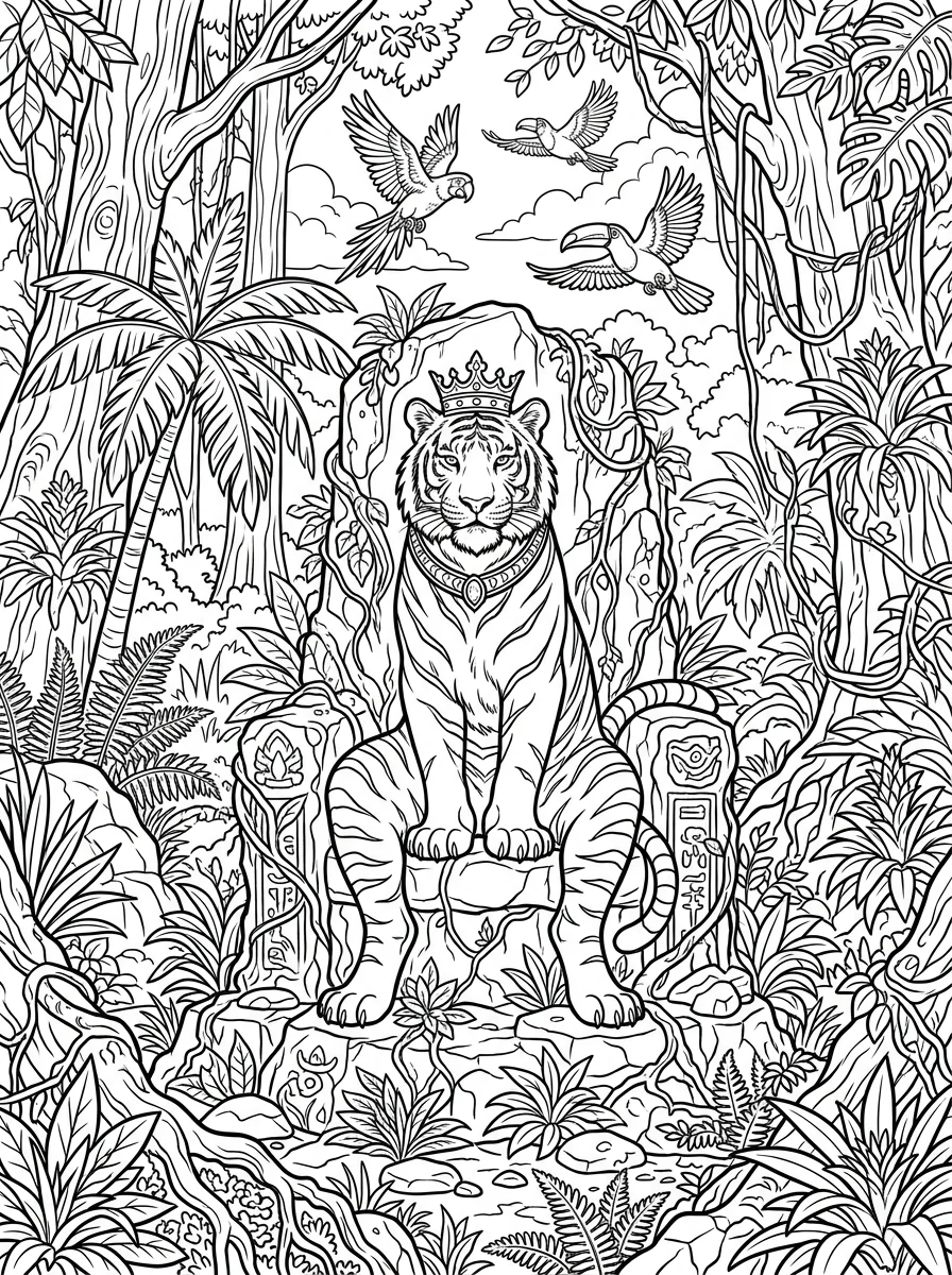 Tiger King in Jungle Throne - free tiger coloring page printable black and white line art