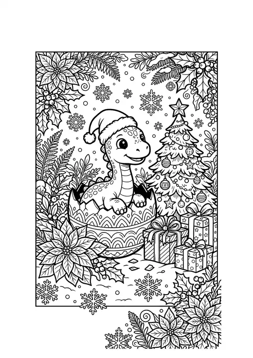 Baby Christmas dinosaur hatching from an egg in a poinsettia meadow with snowflakes and gifts – christmas dinosaur coloring pages