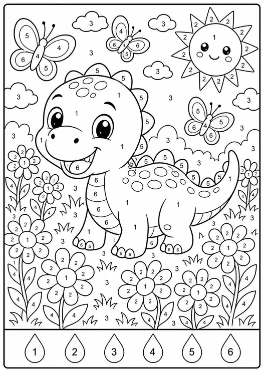 Color by number dinosaurs: baby dino in flower meadow