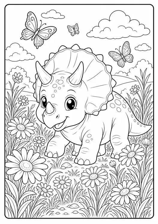 Baby Dinosaur in a Flower Meadow printable coloring page