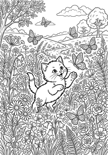 Baby in Flower Meadow - free coloring cat page printable black and white line art