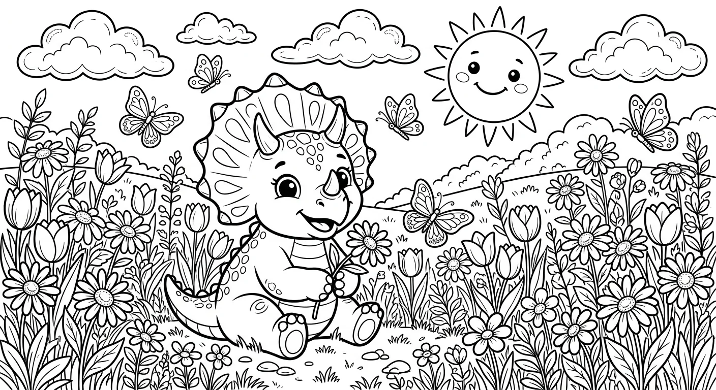 Coloring Dinosaur Baby Triceratops in Flower Meadow - free coloring dinosaur page printable black and white line art