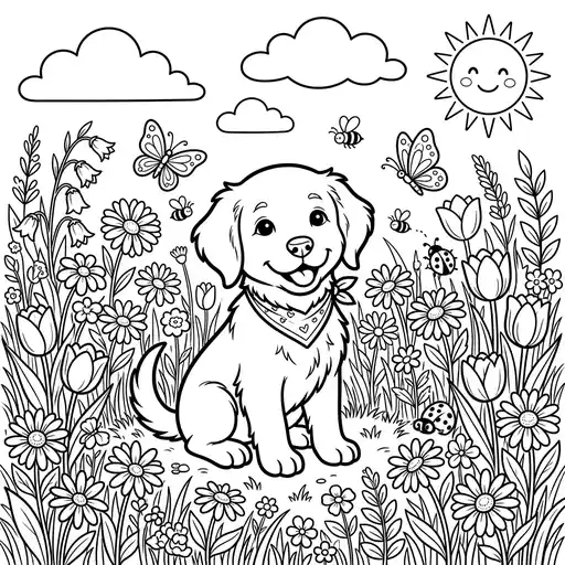 Coloring Dog Puppy in Flower Meadow - free coloring dog page printable black and white line art