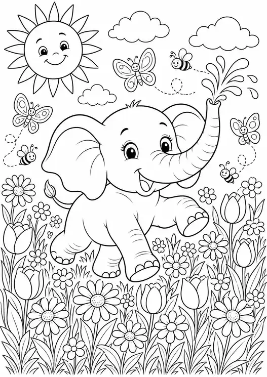 Coloring elephant baby in flower meadow printable page