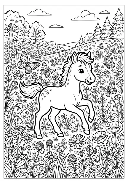 Baby in Flower Meadow - free coloring horse page printable black and white line art