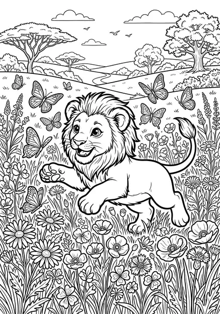 Baby in Flower Meadow - free coloring lion page