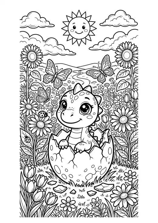 Cute baby dinosaur with big eyes hatching from an egg in a meadow of daisies, tulips and sunflowers – coloring pages of cute dinosaurs