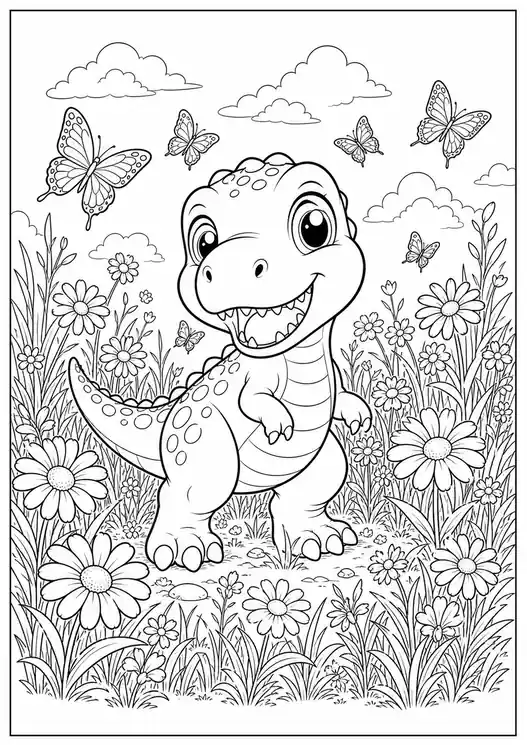 T-Rex Dinosaur Baby in a Flower Meadow printable coloring page