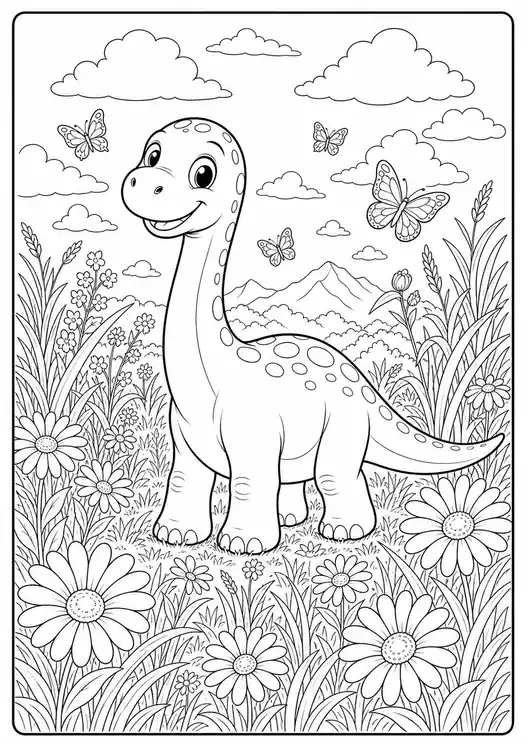 The Good Dinosaur Baby in a Flower Meadow printable coloring page