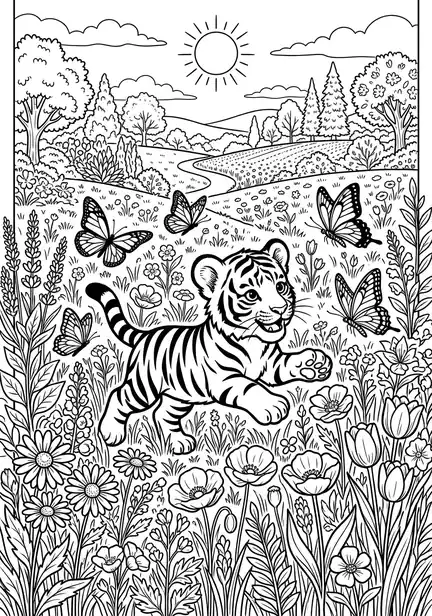 Baby in Flower Meadow - free tiger page