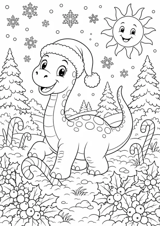 Cute christmas dinosaur coloring pages: baby dino in snowy meadow