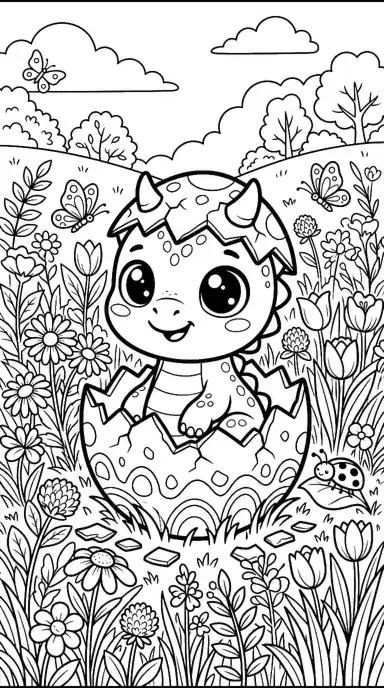 cute dinosaur coloring pages printable page 02 - Hatchling in the Daisy Meadow