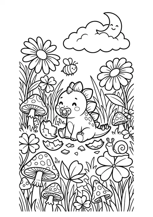 Little baby stegosaurus with a pacifier sitting among eggshells in a meadow of big daisies and mushrooms – cute dinosaur coloring sheets