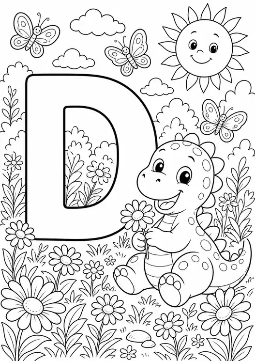 D for dinosaur coloring page: baby dino in flower meadow with letter D